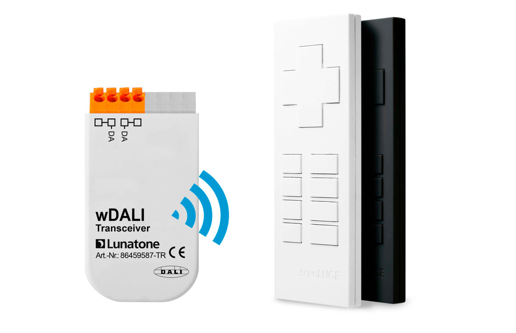 DALI diaľkový ovládač, 12-tlačidlový + Transceiverrijímač, USB nabíjateľný, čierna farba | Lunatone
