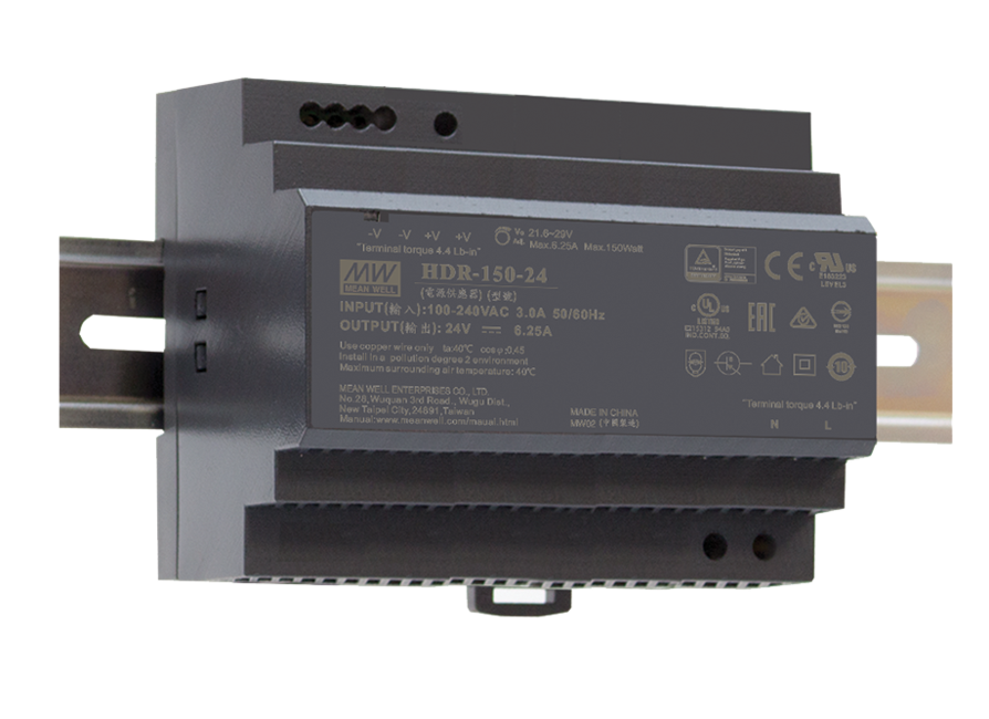 HDR-150-15 zdroj DIN, 85÷264V AC, 120÷370V DC, 15V 0÷9.5A | MeanWell