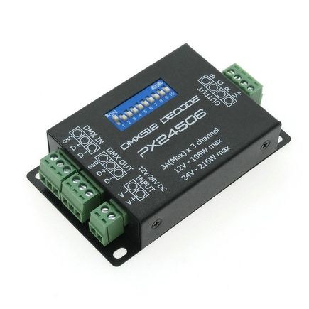 Dekodér DMX512 RGB LED 3-kanálový, 3x3A, konšt. napätie 12/24V DC, 246/432W, 86*51*18