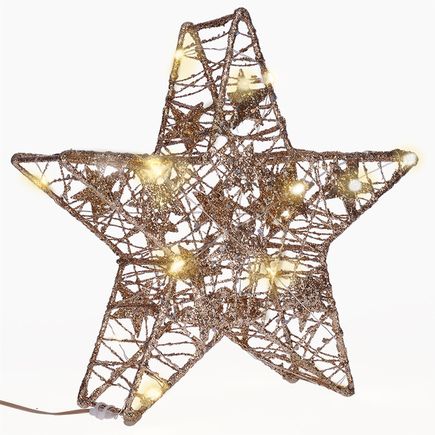 LED dekorácia, vianočná hviezda glitter, kovová, 14x LED, 2x AA, IP20, zlatá, teplá biela