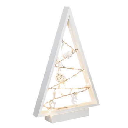 LED dekorácia, vianočný drevený stromček s ozdobami, 15LED, 2xAA, IP20, biela, teplá biela