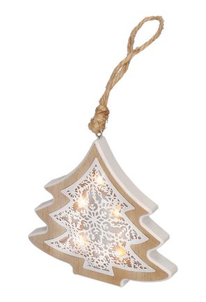 LED dekorácia, vianočný stromček, 6LED, 2x AAA, IP20, drevený dekor/biela, teplá biela