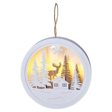 LED dekorácie závesná, vianočný les a jeleň, biela a hnedá, 2x AAA, IP20, teplá biela