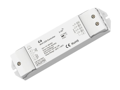 LED stmievač/prijímač C4, RGBW, 4x350mA, 12-48V DC, push, pre ovládač LC-SD-R8 a LC-SD-RT9