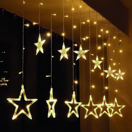 LED vonkajší vianočný záves, hviezdy, šírka 3m, 123LED, IP44, 3xAA, teplá biela