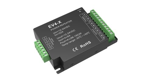 PWM repeater/zosilňovač EV4-X, RGBW 4x8A, 12-24VDC(12V/384W, 24V/768W), IP20