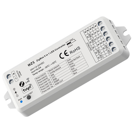 RF & ZigBee ovládač pre LED 5v1, RGB/RGBW/RGB+CCT, 12-24VDC, 5x3A, Tuya App, 2.4GHz