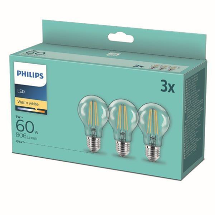 Žiarovka Philips LED vláknová E27, 7W, 806lm, 2700K, priehľadná, 3 ks v balení