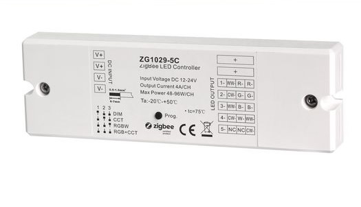 Zigbee stmievač RGBW, CCT, RGB+CCT, 12-24VDC, 5x4A, max 480W | Ledco
